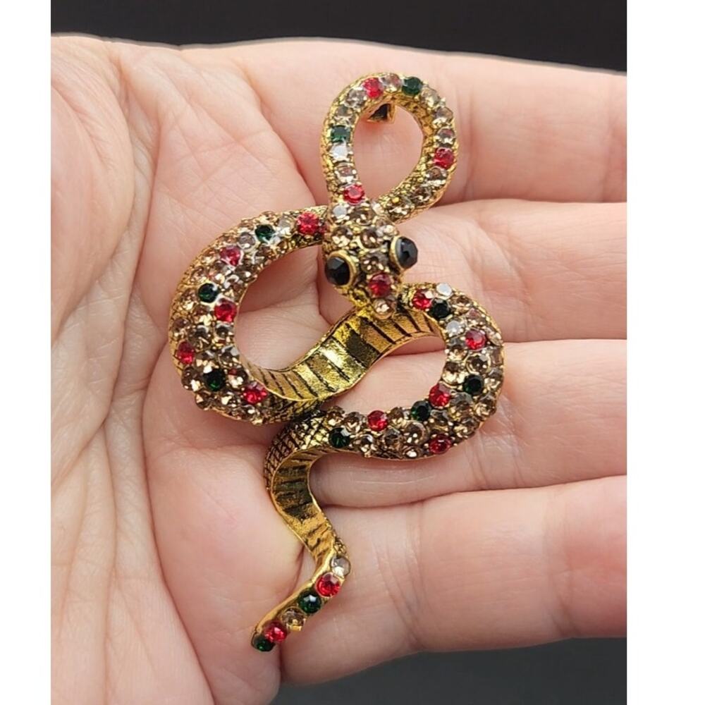 Snake Brooch Rhinestones on Gold Tone Metal Reptile